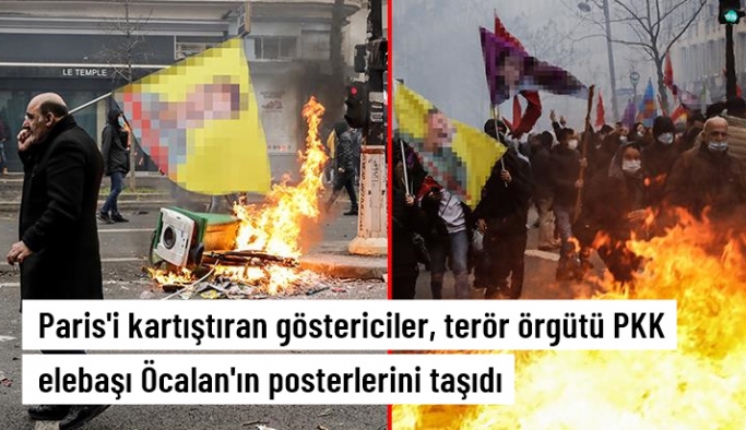 Paris'i savaş alanına çeviren göstericiler, terör örgütü PKK elebaşı Öcalan'ın posterlerini taşıdı