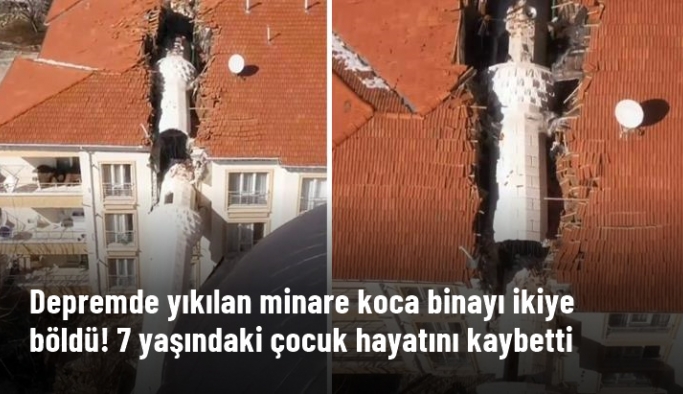 Depremde yıkılan minare, apartmanı ikiye böldü